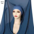 Solid color thick chiffon hijab with inner cap elegant women long headscarf teal. - #19 Teal / 180cm