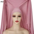 Detail shot of the solid pink pullover hijab and long scarf combination, soft breathable fabric. - Light Pink (#3)