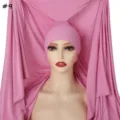 Detail view of the pink mercerized cotton jersey hijab cap, breathable and soft daily wear. - Pink (#9)