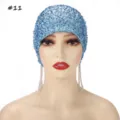 Blue beaded mesh tassel cap detail view, elegant sheer fabric with sparkling decorative beads. - 11#