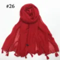 Solid color red voile scarf with tassels lightweight breathable stylish women fashion hijab shawl - Red