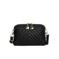 Black genuine leather chevron crossbody bag for women, stylish dome shoulder bag with gold hardware. - Black V-Pattern