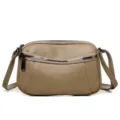 Genuine leather crossbody bag for women, khaki mini shoulder bag with double zippers. - Khaki