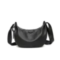 Women black leather crescent shoulder bag versatile crossbody dumpling bag for daily commuting - Black