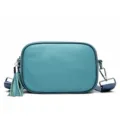 Blue leather crossbody bag with tassel and wide strap, stylish camera shoulder bag. - Blue