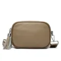 Khaki leather crossbody shoulder bag with stylish side tassel and durable silver hardware. - Khaki