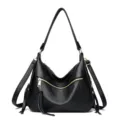 Black leather shoulder bag for women, large capacity crossbody hobo bag with zipper. - Black