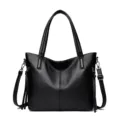 Black leather tote bag for women, large capacity shoulder handbag with dual handles. - Black