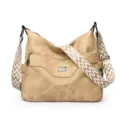 Khaki women's large capacity shoulder bag, soft leather casual crossbody bag with wide strap - Khaki