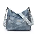 Blue washed denim shoulder bag, casual large capacity crossbody bag with wide strap - Blue