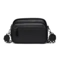 Black genuine leather men's crossbody bag with wide patterned strap and front zipper pocket. - Black