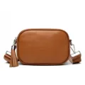 Genuine leather crossbody bag for women, stylish brown shoulder bag with tassel and wide strap. - Brown