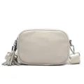Off-white genuine leather camera crossbody bag with tassel and wide strap for women. - White