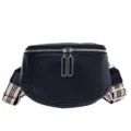 Black leather saddle bag, stylish crescent crossbody purse with striped canvas strap. - Black