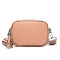Pink leather crossbody bag with tassel charm and wide strap for women chic daily wear. - Pink