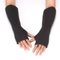 Dark grey knitted long arm warmers for women, winter thermal fingerless gloves and sleeves. - 30cm Long Elastic / Dark Gray