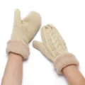 Detailed view of fleece-lined knitted mittens, cozy winter thermal cable-knit with plush cuffs. - Off White