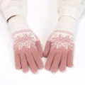 Warm winter knitted jacquard gloves for women, fleece-lined thick snow pattern thermal mittens. - Adult Free Size 23.5x10x3cm / Dusty Pink