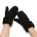 Black fleece lined thick cable knit mittens for winter warm windproof outdoor cycling use - One Size / Fuzzy Black