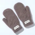 Cozy thick winter plush mittens with cute sewing label for warm daily student wear details - One Size / Coffee