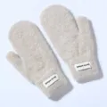 Winter warm fuzzy knit mittens for women, thick plush rabbit hair gloves with cute letter label. - One Size / Beige Camel