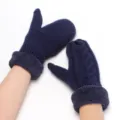 Detail shot of navy blue cable knit fleece lined mittens showing plush warm cuffs clearly. - Navy Blue
