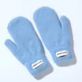 Primo piano di soffici guanti invernali spessi in peluche azzurro con etichetta cucita. - Taglia Unica / Blu