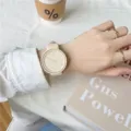 Minimalist silicone watch for students, pastel aesthetic quartz timepiece with round dial. - Beige