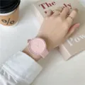 Pink silicone watch for students, minimalist macaron style casual quartz wristwatch for youth. - Pink