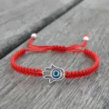 Bracciale con cordino rosso mano di hamsa malocchio portafortuna gioiello regolabile stile boho - Mano di Fatima Occhio (Corda Rossa)