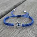 Bracciale Mano di Hamsa Malocchio Tessuto Blu Cordino Regolabile Variante Stile - Mano di Fatima Occhio (Corda Blu)