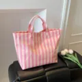 Pink Striped PVC Tote Bag Waterproof Handbag Casual Daily Commuter Shoulder Bag Variant - Pink