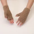 Winter women knitted fingerless gloves warm solid color jacquard detail view show. - One Size / Khaki