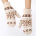 Winter warm thick rabbit hair knit mittens for women, cute snowflake plush gloves. - Khaki