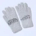 Knit winter gloves detail view, soft rabbit hair blend fabric with stylish leaf pattern warmth. - One Size / Light Gray