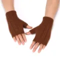 Close-up detail of brown knit fingerless gloves showing warm cable texture and soft fabric. - 17cm Length / Coffee