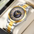 SKMEI Herren Edelstahl Bicolor Mechanische Uhr Weltzeit Business Geschenkarmbanduhr - Silber-Gold-Gehäuse mit schwarzem Zifferblatt