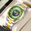 SKMEI Herren Luxus Edelstahl mechanische Uhr mit stylischem gruenen Weltkarten Zifferblatt. - Silber- & Gold-Gehäuse mit grünem Zifferblatt