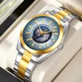 Elegante Herrenuhr aus Edelstahl mit zweifarbigem Armband und Weltkarten-Zifferblatt. - Silber- & Gold-Gehäuse mit blauem Zifferblatt