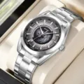 Herren Edelstahl mechanische Armbanduhr mit Weltzeit Zifferblatt und elegantem Metallarmband. - Silbergehäuse Schwarzes Zifferblatt