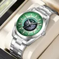 SKMEI Herren Edelstahl mechanische Uhr, gruenes Zifferblatt mit Weltzeit und Metallarmband. - Silbergehäuse Grünes Zifferblatt
