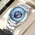 Stilvolle Herren Stahlarmband mechanische Uhr mit blauem Weltkarte Zifferblatt. - Silbernes Gehäuse Blaues Zifferblatt