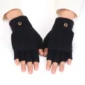 Knit convertible half-finger gloves for winter warmth, stylish cable knit design. - Adult Free Size / Navy Blue