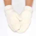 Close-up of thick knitted mittens detail, white winter warm hand wear accessory style. - One Size / White