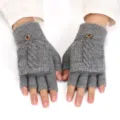 Winter gray knit half-finger convertible gloves with wooden buttons for women and men. - Adult Free Size / Light Gray