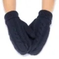Detailed shot of dark blue chunky knit mittens with cozy cable pattern and ribbed cuffs. - One Size / Navy Blue