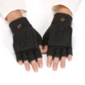 Detail view of dark grey knitted half finger convertible gloves with cable knit and buttons. - Adult Free Size / Dark Gray