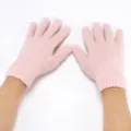 Pink knit rabbit hair five finger gloves detail view, autumn and winter warm wrist guard. - Pink