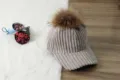 Women corduroy baseball cap with large fur pom pom winter warm thick striped hat snapback - Adjustable / Light Gray