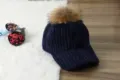 Women corduroy baseball cap with large fluffy pom pom winter warm hat casual solid color - Adjustable / Blue